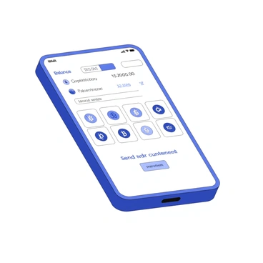A smartphone displaying a digital wallet application on its screen. The wallet interface features various cryptocurrency icons arranged in a grid layout. Each icon is distinct and represents a different cryptocurrency, clearly labeled for identification. The screen includes a balance section at the top, showing the total amount. Below, there are buttons for sending and receiving cryptocurrency transactions. The phone is angled slightly to reveal the sleek design of the device.