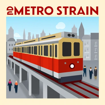 A vintage-style poster featuring a metro train from the early 20th century, with intricate details of the train's exterior design and vintage typography announcing the train's route. The poster showcases the train on elevated tracks with a bustling cityscape in the background, including period-appropriate buildings and street scenes filled with people in early 20th-century attire.