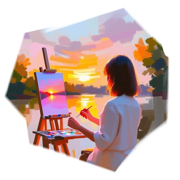 An artist with light skin and shoulder-length brown hair is standing outdoors, focused on painting a vibrant sunset. She is using a small 1/8 illustration board placed on an easel in front of her. The sunset fills the sky with brilliant hues of orange, pink, and purple, casting warm light over the landscape. The artist is wearing a white shirt and has paintbrushes in one hand while the other hand delicately holds the board. Surrounding her are lush green trees and a calm body of water reflecting the sunset colors. A few scattered clouds add texture to the sky, enhancing the beauty of the scene.
