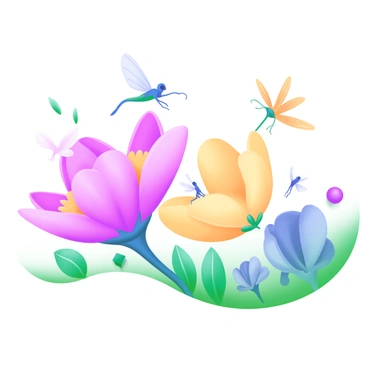 A whimsical garden scene filled with oversized flowers in vibrant colors such as pink, yellow, and blue. The flowers have large petals that spread wide and intricate details, showcasing their unique shapes. Scattered throughout the garden are tiny fairies, each adorned with delicate wings that shimmer in the light. The fairies are playfully interacting with the flowers, some hovering above them while others sit among the petals. The background features lush greenery that complements the vivid colors of the flowers, enhancing the enchanting atmosphere of the garden.