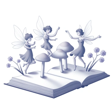 A group of fairies is engaging in a lively dance around several mushrooms. The fairies have delicate wings and are dressed in flowing garments, their forms appearing ethereal and graceful. Surrounding the mushrooms are vibrant flowers of various shapes and sizes, each flower radiating intricate details. In the foreground, an open book lies flat, and from its pages, additional flowers are springing up, adding a sense of magic and wonder to the scene. The fairies are positioned in dynamic poses, capturing the movement and joy of their dance. The entire composition conveys a whimsical atmosphere.