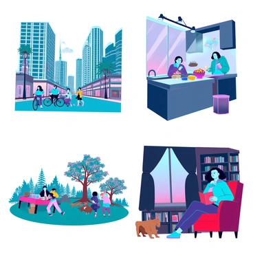 A series of illustrations depicting various aspects of daily life. The first image shows a busy urban street filled with people walking, riding bicycles, and driving cars. Skyscrapers tower in the background, and storefronts line the sidewalks. The second illustration features a cozy kitchen where a person is cooking breakfast, with bright sunlight streaming through the window and a bowl of fresh fruit on the counter. The third image portrays a serene park scene with families picnicking, children playing, and a dog running. Vibrant flowers and tall trees surround the area. The final illustration captures a quiet evening scene with a person reading a book in a comfortable chair, surrounded by warm lighting and a bookshelf filled with various books. Each visual highlights the unique and everyday moments that make up life.