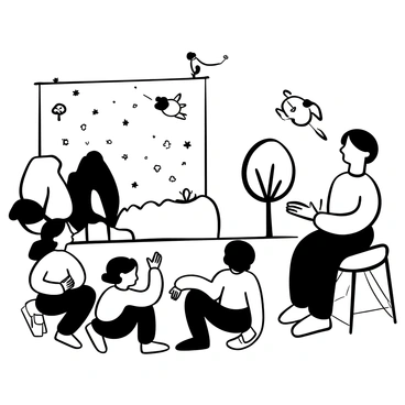 A group of children sitting on the ground and eagerly listening to an elderly storyteller, who is animatedly gesturing with his hands. Surrounding them, scenes from the story are depicted as black-and-white illustrations, with fantastical creatures and magical elements emerging from the air. The children's attention is focused on the storyteller, while some are leaning forward in excitement. The setting includes trees and an open space, enhancing the magical atmosphere of storytelling.