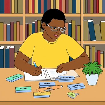 A focused contestant with medium skin and short black hair, wearing a bright yellow t-shirt and glasses, is sitting at a wooden table. The table is scattered with a colorful deck of word flashcards, each card displaying a different word in bold letters. The contestant has a pencil tucked behind their ear and is actively writing on a notepad next to the flashcards. A small green plant sits in the corner of the table, adding a touch of life to the studying space. The background features a bookshelf filled with books, creating an atmosphere of learning and preparation.