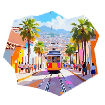 A colorful tram is making its way up the steep streets of a Brazilian hillside city. The tram features vibrant colors, with red, blue, and yellow stripes adorning its exterior. Surrounding the tram are quaint, multi-colored houses with terracotta roofs, reflecting the lively architecture of the city. Palm trees and tropical plants line the streets, adding greenery to the scene. The steep incline of the road is evident, and in the background, the sprawling cityscape is visible, dotted with hills and vivid blue sky. The atmosphere is bustling with energy as pedestrians walk along the sidewalks, some pausing to admire the tram's ascent.