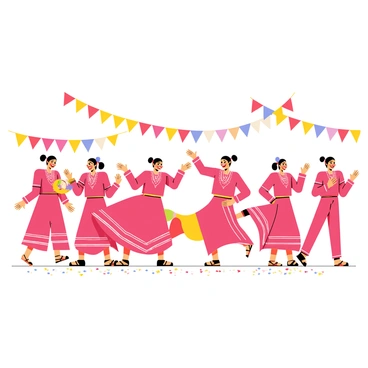 A group of dancers in traditional "red costumes" is performing energetically in a vibrant "fiesta" setting. The dancers are arranged in a semicircle, showcasing their colorful attire adorned with intricate patterns. Brightly colored decorations, such as "banners" and "streamers," hang overhead, adding to the festive atmosphere. The ground is covered with "colorful confetti" scattered around, enhancing the lively scene. Each dancer has a joyful expression, moving gracefully, with some raising their arms and others twirling, capturing the spirit of celebration.