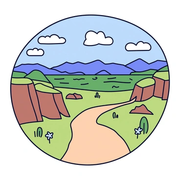 A winding mountain trail meanders through a landscape of rocky terrain and sparse greenery. The path is bordered by small wildflowers and patches of grass. In the distance, a vast valley stretches out, filled with varying shades of green and brown. Above, the sky is clear and bright blue, dotted with fluffy white clouds that float gently. The trail leads toward the horizon, inviting exploration and adventure.