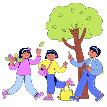 A group of three children exploring a forest. One child is collecting colorful leaves with a joyful expression, while another child is holding a handful of acorns. The third child is pointing towards a tall tree that has vibrant green foliage. Sunlight filters through the branches, creating a dappled light effect on the forest floor. The children are dressed in casual outdoor clothing, with a backpack resting on the ground nearby.