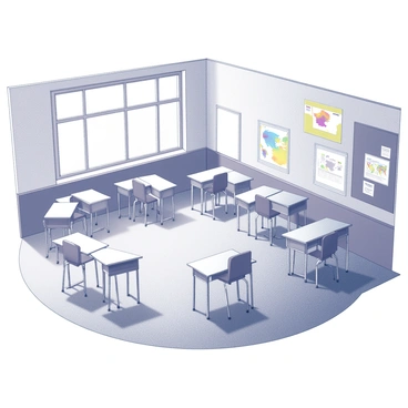 A classroom with high ceilings and large windows allowing natural light to enter. The walls are adorned with educational posters and colorful maps. Desks are arranged in a circular formation, each equipped with a chair, creating a collaborative space for group activities. In the center of the circle, there is an open area, enhancing interaction among students. The floor is covered with a soft carpet, providing a comfortable environment for learning.