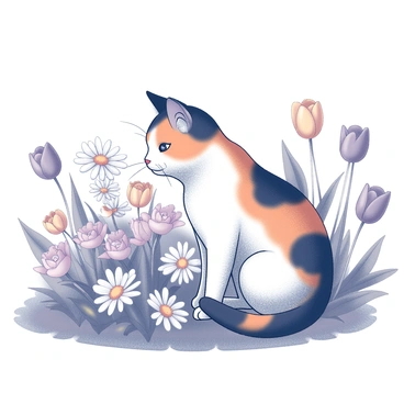A calico cat with distinct patches of orange, black, and white fur is sniffing a cluster of flowers. The cat is positioned in a lush spring garden filled with various types of blooming flowers. The garden features a variety of flora, including daisies, tulips, and roses, with leaves and stems surrounding the colorful blooms. The scene captures the cat's curiosity as it explores the vibrant flora, with its ears perked and whiskers twitching.