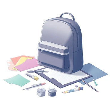 A school bag placed on a table, slightly open to reveal its contents. Scattered around the bag are various art project materials. There are several sheets of colored paper in different shapes and sizes, alongside small containers of glitter in various styles. A pair of scissors and a glue stick rest near the bag, while a pencil and a paintbrush are positioned next to the colorful materials, creating a vibrant artistic scene.
