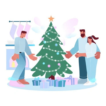 A family of four is gathered around a decorated Christmas tree. The parents are standing next to two children, all holding hands in a circle. The Christmas tree is adorned with colorful ornaments, twinkling lights, and a star on top. Underneath the tree, there are several wrapped gifts with vibrant ribbons. The room has a warm ambiance, with a fireplace in the background, and stockings hung with care. A gentle glow from the lights creates a cozy atmosphere.