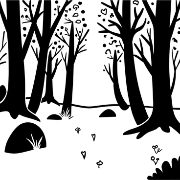 A dense forest filled with tall trees, their trunks thick and sturdy. The ground is covered with a soft carpet of moss and fallen leaves. Several branches extend outward, casting intricate shadows on the forest floor. In the center, a gentle breeze causes the leaves to sway slightly, creating a rhythmic motion. The scene is accompanied by a few scattered rocks and patches of wildflowers peeking through the greenery. The atmosphere is peaceful and serene, inviting viewers to immerse themselves in the natural beauty.