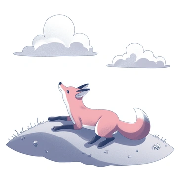 A fox lying on a grassy hill. The fox has reddish fur and a bushy tail, its ears are perked up as it gazes at the sky. Above, fluffy clouds are scattered in the blue sky, some of them have distinct shapes resembling various animals. The grass on the hill is uneven, with patches of wildflowers dotting the landscape. The scene conveys a sense of tranquility as the fox observes its surroundings.