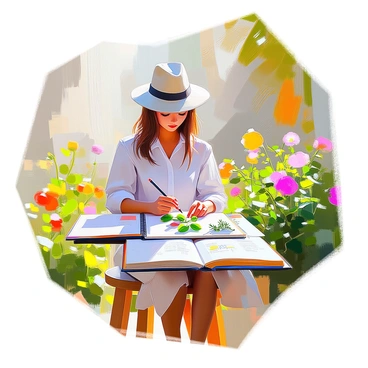 A botanical illustrator with light skin and long brown hair is seated on a small stool in a vibrant garden. They are wearing a wide-brimmed hat and a light-colored shirt to protect against the sun. In their hands, they hold a sketching pencil, diligently capturing the details of various herbs. Nearby, an open notebook lies on their lap, filled with previous sketches of basil, rosemary, and thyme. Lush green plants surround the illustrator, and a few colorful flowers add splashes of color to the scene. The sunlight filters through the leaves, casting dappled shadows around the artist.