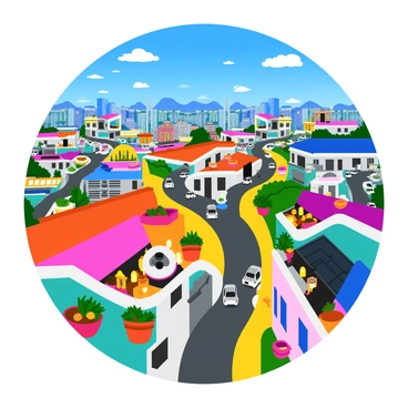 A unique trail winding through a series of interconnected rooftops, showcasing diverse architectural styles from above. The rooftops are adorned with colorful tiles and vibrant potted plants. Below, the cityscape unfolds, featuring buildings of varying heights and shapes, bustling streets, and tiny cars. The sky is bright blue, dotted with fluffy white clouds, providing a beautiful backdrop to the scene. The trail is lined with a mix of colorful lanterns and small decorative elements, enhancing the lively atmosphere of this urban adventure.