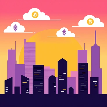 A city skyline featuring tall buildings silhouetted against a vibrant sunset. The sky is filled with hues of orange, pink, and purple, creating a dramatic atmosphere. Fluffy clouds float above the skyline, each one shaped like different cryptocurrency symbols, such as Bitcoin, Ethereum, and others. The reflection of the sunset colors is visible on the glass windows of the buildings, enhancing the scene.