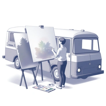 An artist stands in front of a large canvas, actively painting. The scene captures the artist's focused expression as they hold a paintbrush, applying colors to the canvas. Nearby, an old bus is parked, displaying its weathered exterior, with rust and faded paint adding character to its appearance. The open-air setting features a few trees in the background, providing a natural ambiance. Various art supplies are scattered around the artist, including a palette filled with different shades and brushes of varying sizes.