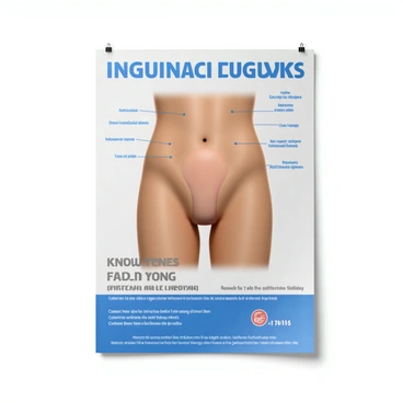 A poster design featuring a large, clear image of a human torso with a highlighted area indicating the location of an inguinal hernia. The torso is depicted in a neutral skin tone, with anatomical labels pointing to the affected area. Surrounding the torso, there are bold and impactful phrases in large font such as "Know the Signs" and "Get Educated Today" to capture attention. At the bottom, there are contact details for local health services, presented in a clean and readable format. The overall design uses a color palette of blue, white, and red to convey urgency and importance.