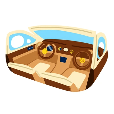A luxurious car interior featuring polished wood panels and elegant nautical themes. The dashboard showcases smooth, dark wood surfaces with rich grain patterns, reminiscent of yacht interiors. Soft, cream-colored leather seats are designed for comfort, with subtle stitching that mimics the appearance of maritime ropes. Nautical-themed accents, such as brass nautical compasses and unique steering wheel designs resembling ship wheels, are integrated throughout the interior. Large, round porthole-style windows allow ample natural light to illuminate the space, enhancing the upscale ambiance.