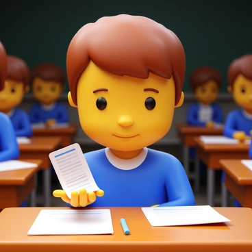 A student with short brown hair is looking down at their hand. They have a small cheat sheet concealed within their palm. The student's eyes are focused on the paper, displaying an expression of concentration. They are seated at a wooden desk with exam papers in front of them. The classroom has dim lighting, with a few other students visible in the background, concentrating on their own tests. A pencil lies beside the student's hand on the desk.
