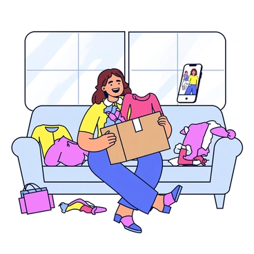 A fashion enthusiast with long brown hair is sitting on a light gray couch. She is holding a large cardboard box with colorful clothing items peeking out. The room is bright, with a large window allowing natural light to stream in. The enthusiast is smiling widely as she pulls out a vibrant red dress and a pair of trendy shoes. A smartphone is propped up nearby, showing a live video of the unboxing process. There are several other clothing items scattered around her, including accessories and a stylish handbag.