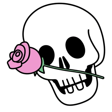 A detailed depiction of a white skull, prominently featuring hollow eye sockets and a pronounced jawline. The skull holds a single red rose firmly between its teeth. The rose has vibrant red petals, a green stem, and sharp thorns visible along its length. The contrast of the delicate rose against the hard surface of the skull creates a striking visual element. The background is kept minimalistic to ensure the focus remains on the skull and the rose.