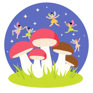 A circle of various mushrooms with red, white, and brown caps arranged closely together in a lush green meadow. Tiny fairies with colorful wings are dancing around the mushrooms, their delicate features illuminated by the soft glow of the moonlight above. The night sky is filled with glimmering stars, adding a magical touch to the scene. The fairies wear sparkling dresses made of flower petals and twinkle as they move gracefully in the air. The grass beneath them is vibrant and lush, creating a whimsical atmosphere.