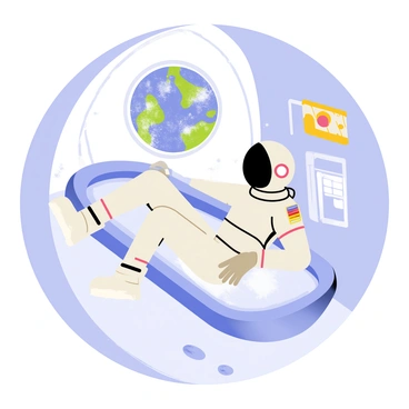 An astronaut taking a bath in zero gravity with floating water droplets