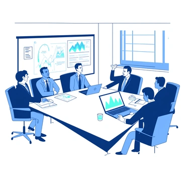A group of officials is seated around a large, rectangular table. Each official is dressed in formal business attire, showcasing a variety of suits in different colors. The table is covered with a white tablecloth and filled with documents, charts, and a laptop displaying graphs. One official is pointing towards a chart, while others are engaged in discussion, leaning forward with interest. A glass of water is in front of each official, and the room is well-lit with large windows allowing natural light to filter in. A whiteboard can be seen in the background with notes and diagrams related to economic strategies.
