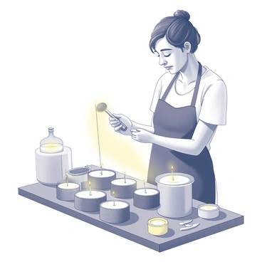A candle maker is standing at a workbench, carefully pouring melted wax into several molds arranged in front of them. The person, focused and precise, holds a ladle in one hand, tilting it to ensure the wax flows smoothly into each mold. The workspace is filled with tools and materials related to candle making, including various sizes of molds, wicks, and containers for the wax. The candle maker is wearing an apron, and there is a warm glow from the melted wax reflecting the dedication and attention to detail in the craft.