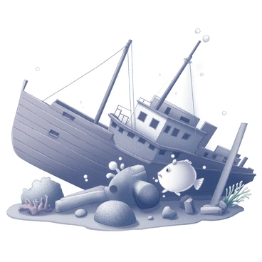 A puffer fish is swimming among the remains of a sunken ship. The ship's structure is partially collapsed, with wooden beams and metal fragments scattered throughout the underwater scene. Coral and marine plants are growing on the shipwreck, adding detail to the environment. The puffer fish, with its distinctive round body and spines, is curiously navigating through the crevices of the wreck, its fins gently propelling it forward. Bubbles are rising around the fish, giving a sense of movement in the water. Sunlight filters down from above, casting soft shadows and illuminating parts of the ship and the surrounding sea life.