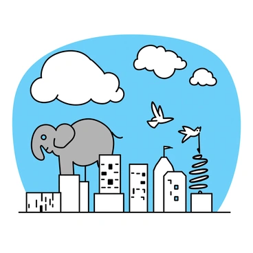 A cityscape featuring unusual buildings that appear to be floating above the ground. The buildings have various shapes, some resembling spirals and others taking on geometric forms. Above the city, clouds form distinct shapes of animals including a large elephant and a flying bird. The scene is set during the day with a clear blue sky, providing a backdrop to the floating structures and whimsical cloud formations.