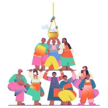 A group of participants dressed in traditional Indian attire is gathering in a vibrant outdoor setting. Men are wearing colorful kurtas and dhotis, while women are adorned in bright lehengas and sarees. Each attire is richly embellished with intricate patterns and designs. Above them, a dahi handi pot is suspended on a decorative rope, filled with yogurt and surrounded by colorful flowers. The participants are positioning themselves, some crouching and others standing on each other's shoulders, forming a human pyramid. The expressions on their faces show a mix of excitement and determination as they prepare for the challenge. The atmosphere is lively, filled with a sense of community and celebration.