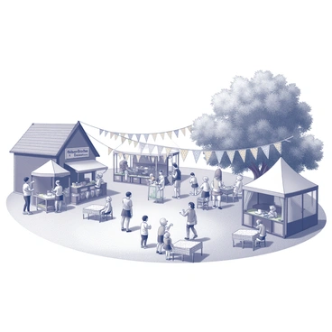 A village green filled with people celebrating at a quaint fete. Handmade bunting is strung across the area, featuring various patterns and textures. Stalls with colorful awnings are set up, offering homemade goods and local produce. Some villagers are engaged in games, while others are enjoying refreshments. A large oak tree stands on one side, providing shade. Children are playing in the grass, and there are tables with checkered tablecloths set up for picnics. "Welcome to the Village Fete" is displayed prominently on one of the stalls.