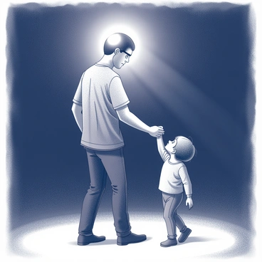 A parent stands in a dark environment, wearing a glowing beacon light attached securely to their head. The light casts a soft illumination around them, creating a circle of visibility. The parent extends one hand, guiding a child who is closely following. The child looks up, focused on the beacon, while their other hand holds onto the parent's hand for support. The surroundings are shadowy, emphasizing the contrast between the bright beacon and the darkness enveloping them.
