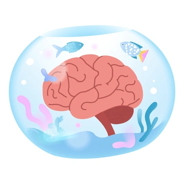 A brain submerged underwater with fish swimming around