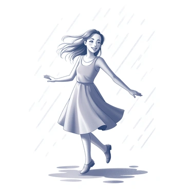A girl named "Bella Swan" is dancing with joy in the rain. She is wearing a simple dress that flows with her movements. Raindrops are falling heavily, creating a curtain of water around her. The ground is wet, with puddles forming, reflecting the scene. Her hair is damp and flowing as she spins, and droplets are splashing around her, capturing the energy of the moment.