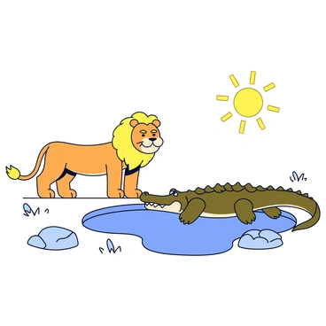 A lion with a golden mane stands confidently at the edge of a watering hole, its intense gaze focused on a large crocodile with a rugged, greenish-brown skin. The crocodile has its jaws slightly open, revealing sharp teeth, as it slowly inches closer to the water. Surrounding the watering hole are patches of grass and a few scattered rocks, highlighting the natural setting. The sun casts a warm light over the scene, accentuating the tension between the lion and the crocodile.