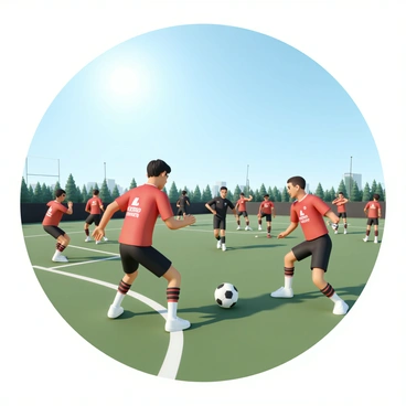 A group of Manchester United players engaged in an energetic training session on a well-maintained soccer pitch. The players are wearing their red and black training kits, showcasing the team's emblem prominently on their jerseys. One player, with short dark hair, is performing a skillful dribble while another player, sporting a buzzcut, is positioned in a defensive stance. In the background, a coach, wearing a black tracksuit, is giving instructions. The sun shines brightly from a clear blue sky, casting sharp shadows on the grass. Some players can be seen performing stretching exercises along the sidelines, while others are passing the ball in an active group drill.