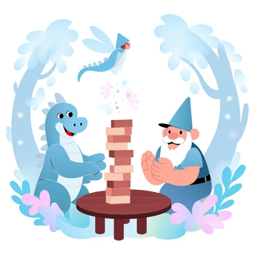 A group of fairytale creatures, including a small dragon with shimmering scales, a mischievous gnome with a pointy hat, and a graceful fairy with translucent wings, are gathered around a wooden table in an enchanted forest. The dragon is carefully pulling out a block from a tall Jenga tower, while the gnome is watching with anticipation, his hands clasped together. The fairy is hovering above the table, sprinkling a little magical dust over the Jenga tower. Lush trees with glowing leaves surround them, and colorful flowers bloom in the underbrush. Soft beams of light filter through the branches, illuminating the playful scene.