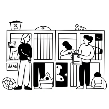 A couple standing inside an animal shelter, surrounded by various pets in their enclosures. The man is holding a clipboard, looking thoughtfully at a small dog with floppy ears. The woman is pointing at a cat peeking out from its box, with a hopeful expression. There are several colorful posters on the walls about pet adoption. A few pet toys and blankets are scattered on the floor nearby.
