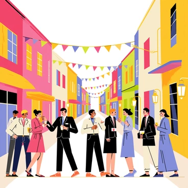 A vibrant city scene featuring a variety of buildings with bright colors and lively architecture. The street is lined with ornate streetlights casting a warm golden glow. Groups of people are dressed in elegant attire, such as tailored suits and evening gowns, engaged in conversation and laughter. Some hold drinks in hand while others share stories animatedly. The atmosphere is alive with movement, as pedestrians stroll along the sidewalks, adding to the bustling energy of the city. Colorful banners hang from the buildings, contributing to the festive ambiance.