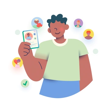 A person with light brown skin and short black hair is holding a digital ID card in their right hand. The digital ID card displays a profile photo and personal information. Surrounding the person are several floating online profiles, each represented by colorful circles. Some profiles have icons, including a blue chat bubble, a red heart, and a green checkmark. The background features soft gradients that complement the colors of the profiles and create a modern, digital atmosphere.
