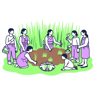 A traditional rice planting ceremony takes place in a lush green field. Villagers are arranged in a circle, each wearing colorful clothing typical of their culture. In the center, freshly prepared rice seedlings are placed in bundles on the ground. Some villagers are kneeling, carefully planting the seedlings into the muddy soil, while others stand by, holding tools like small spades and baskets. The atmosphere is lively, with smiles and expressions of concentration on the villagers' faces as they participate in the ritual. Surrounding the scene, the vibrant landscape features tall greenery, symbolizing fertility and abundance.