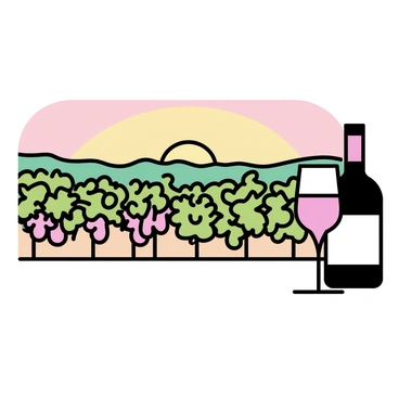 A picturesque vineyard with neatly arranged rows of grapevines, displaying lush green leaves and clusters of ripe grapes. A bottle of red wine sits prominently in the foreground, with a wine glass beside it, capturing the warm hues of the sunset. The sky is filled with shades of orange and pink, reflecting beautifully over the vineyard. The horizon showcases a gentle silhouette of rolling hills in the distance.