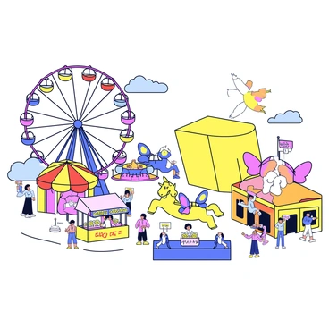 A vibrant carnival scene featuring multiple rides and attractions designed with butterfly and butter shapes. There is a large Ferris wheel, with colorful gondolas resembling butterfly wings, gently rotating against the sky. Nearby, a carousel spins with beautifully painted horses that have butterfly patterns on their bodies. Stalls are decorated with soft yellow and orange hues, mimicking the color of butter, selling cotton candy and popcorn. In the background, a large game booth is shaped like a butter block, inviting visitors to participate in fun challenges. The atmosphere is lively, with people enjoying the festivities and admiring the whimsical designs.