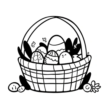 A woven basket filled with decorated eggs of various sizes, patterns, and textures. The basket contains chocolate bunnies with intricate detailing on their fur and a small chick peeking out from behind the eggs. The scene is composed with the basket placed on a textured surface, surrounded by a few scattered faux flowers.