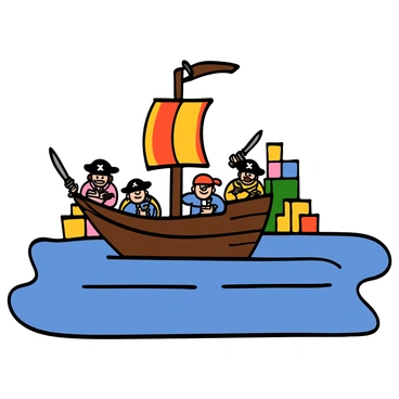A small toy ship is sailing across a blue carpet that resembles a vast sea. Onboard the ship, there are several toy soldiers dressed as pirates. Each soldier has a different pose and expression, showcasing their adventurous spirit. Some are holding miniature swords, while others are peering over the side of the ship, scanning the horizon. The ship itself is detailed with a vibrant sail and wooden texture. In the background, there are hints of colorful toy blocks that add to the playful scene, suggesting a child's imaginative world.