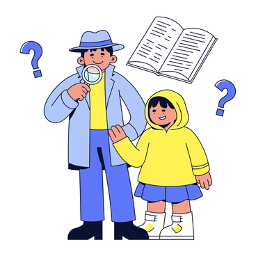 A dynamic duo of cartoon characters stands together, each with distinct features. One character is a tall, lanky detective with a magnifying glass in hand, wearing a classic trench coat and a fedora hat. The other character is short and round, wearing a bright yellow raincoat and a playful expression. They are surrounded by question marks and a large, open book that displays clues. The background is simple, focusing on the characters and the mystery they are investigating.